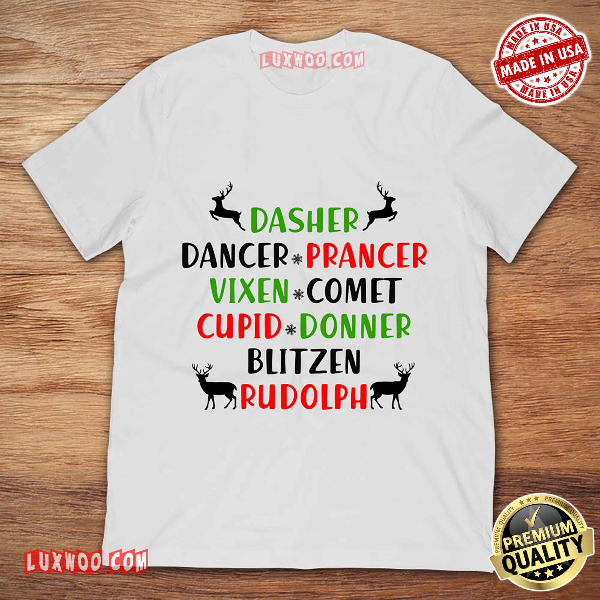 Dasher Dancer Prancer Vixen Comet Cupid Donner Blitzen Rudolph Christmas Reindeers Tshirt 4731