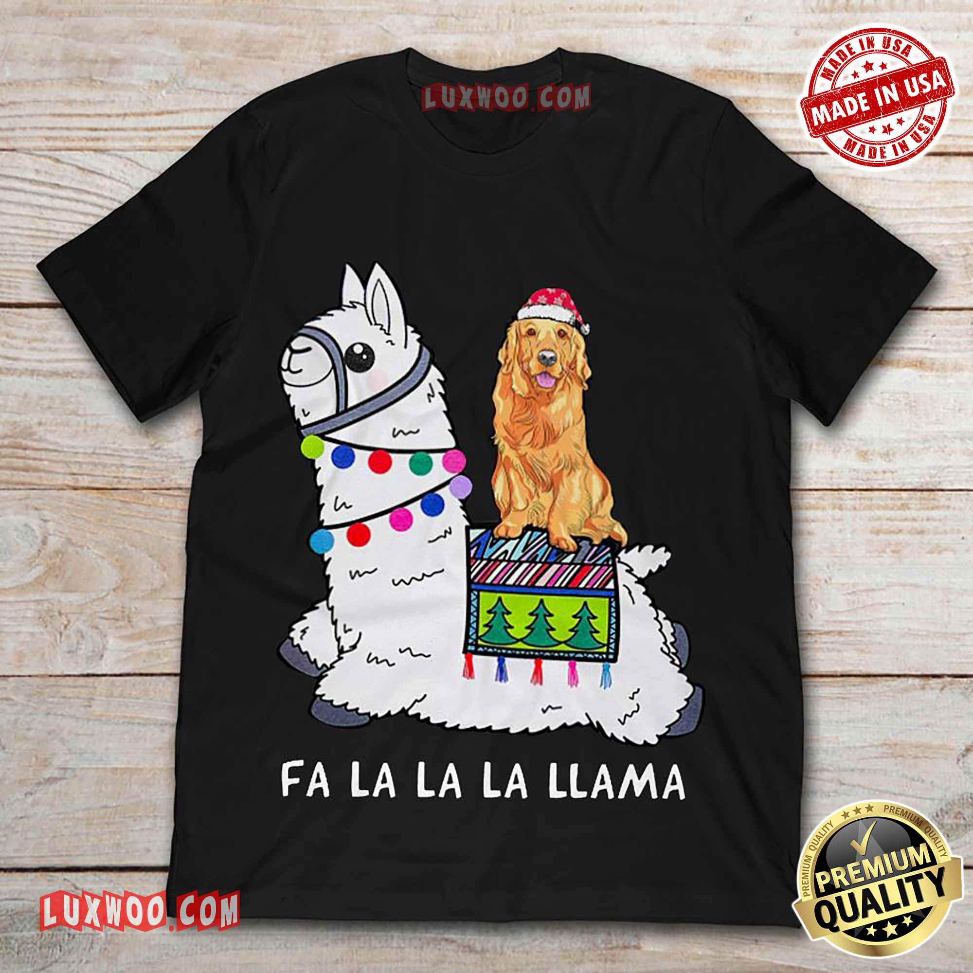 Golden Retriever Riding Llama Fa La La Tshirt