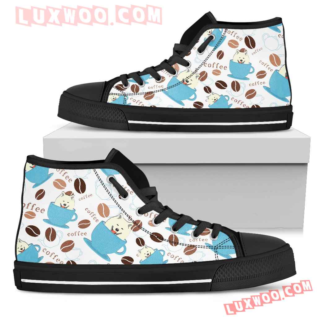 Coffee Samoyed Fabric Pattern High Top Shoes