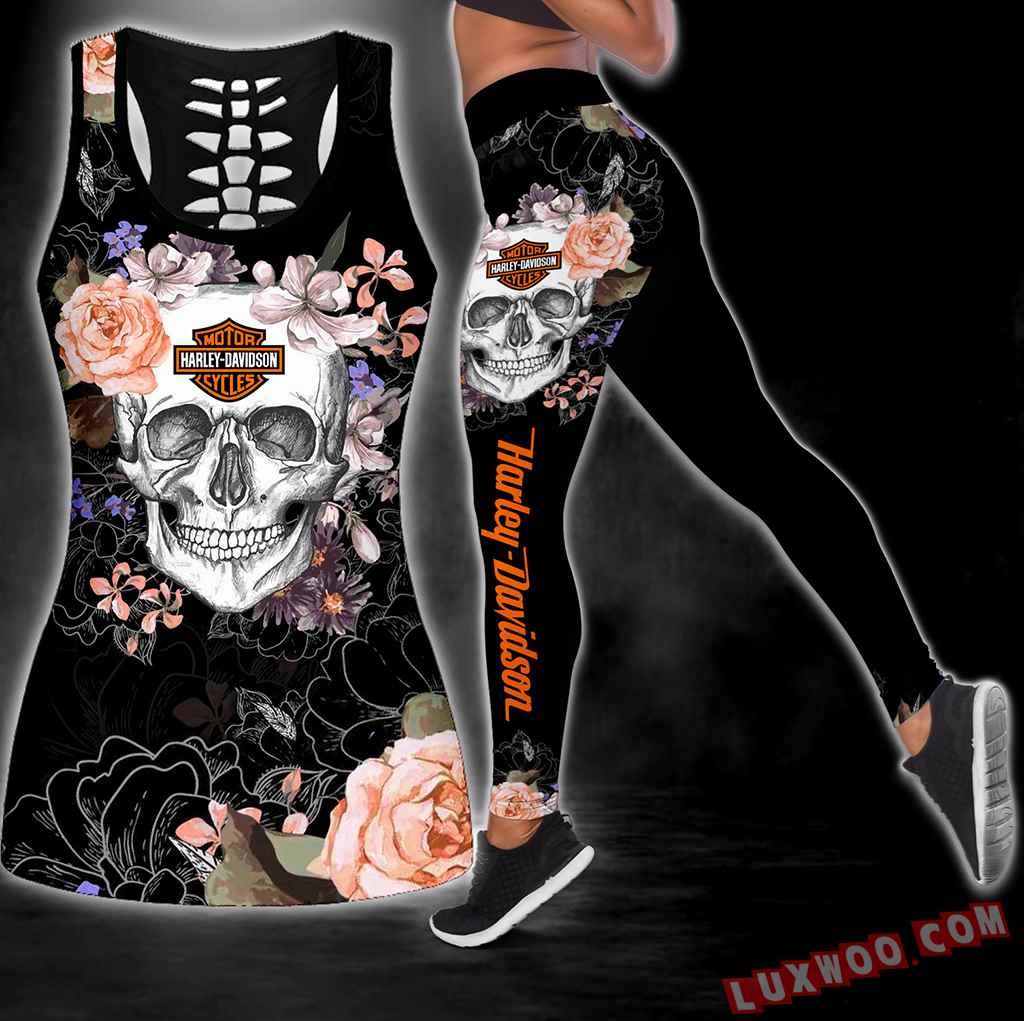 Combo Harley Davidson Skull Flower Hollow Tanktop Legging Set Outfit S1078