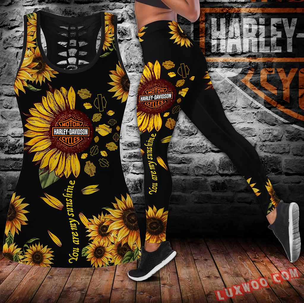 Combo Harley Davidson Sunflower Black Hollow Tanktop Legging Set Outfit V1717