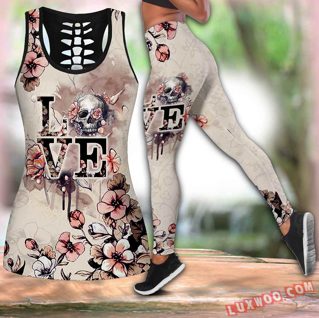 Combo Love Skull Flower Hollow Tanktop Legging Set Outfit K1745