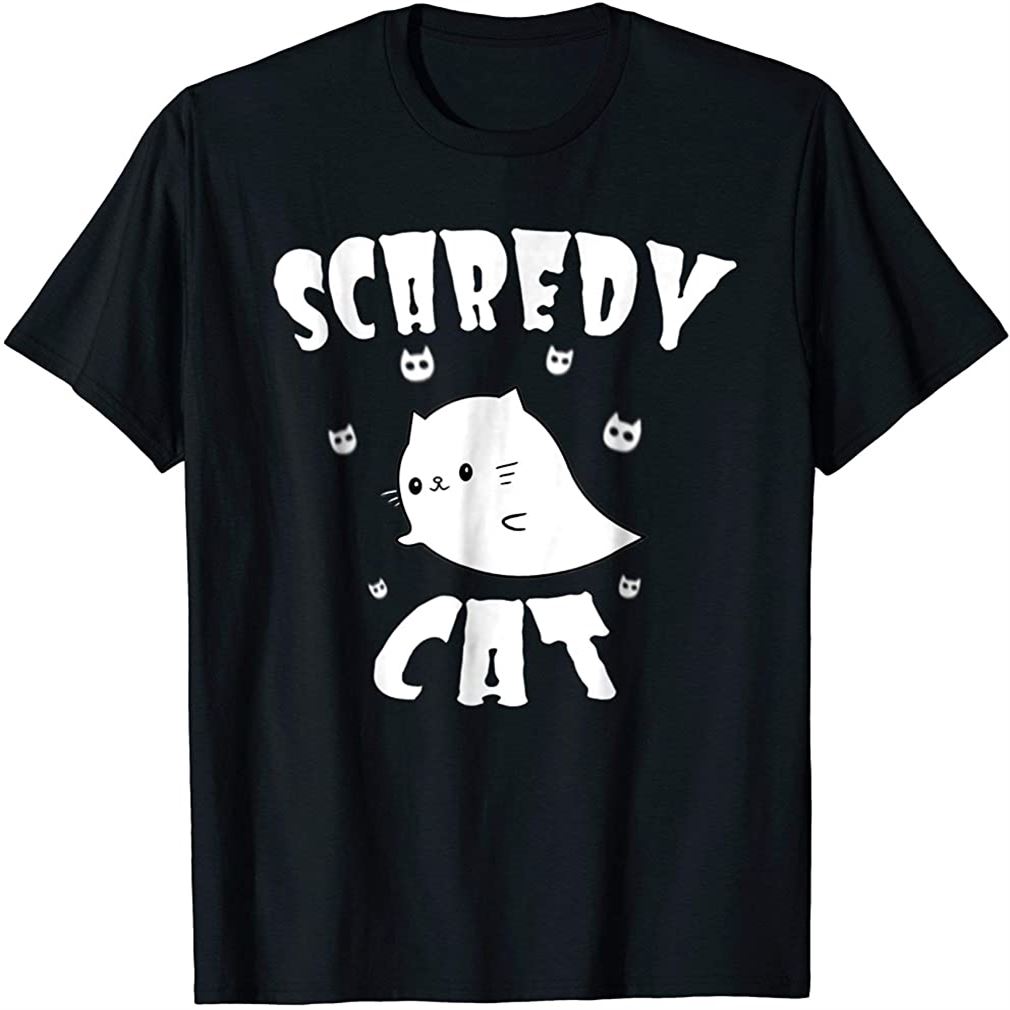 Scaredy Cat Shirt Cute Cartoon Ghost Cat Halloween T-shirt Size Up To 5xl
