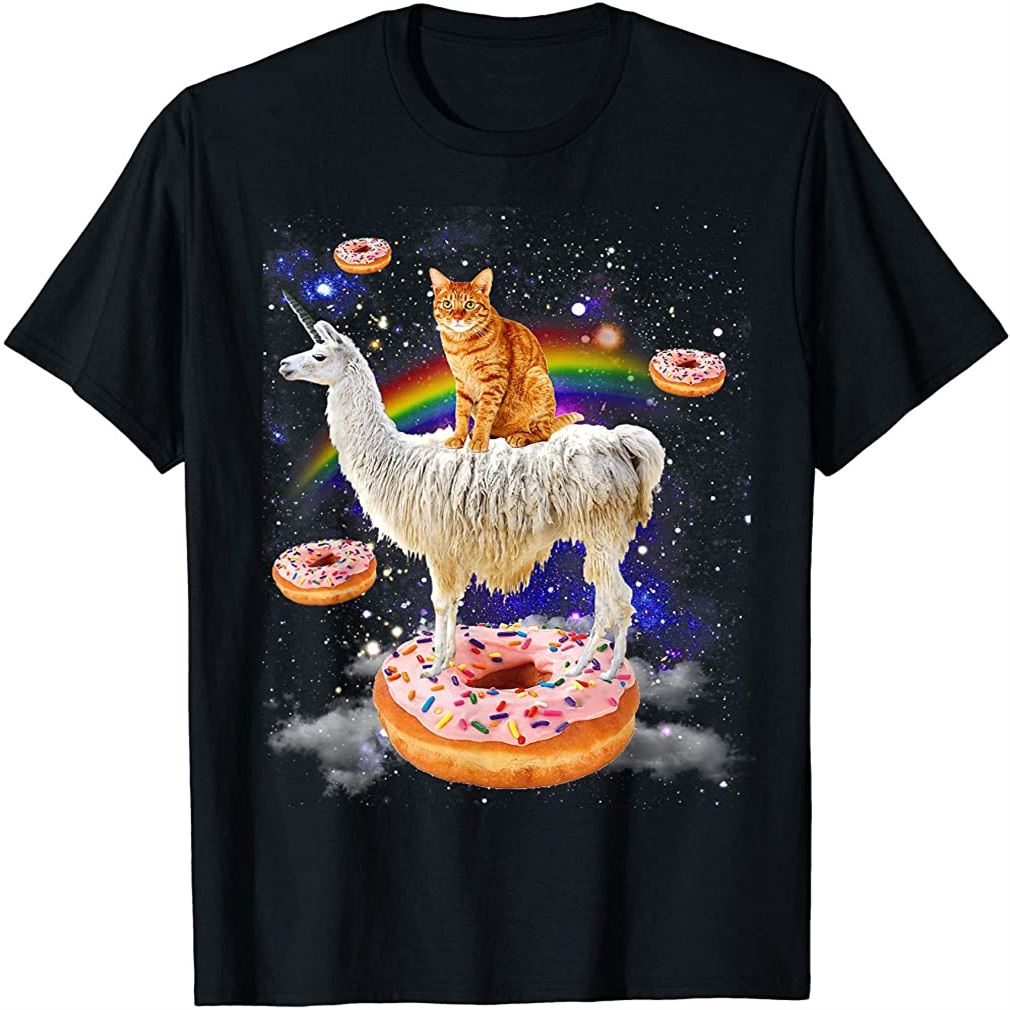 Space Cat Riding Llama And Donuts Galaxy Funny Cat T-shirt Plus Size Up To 5xl