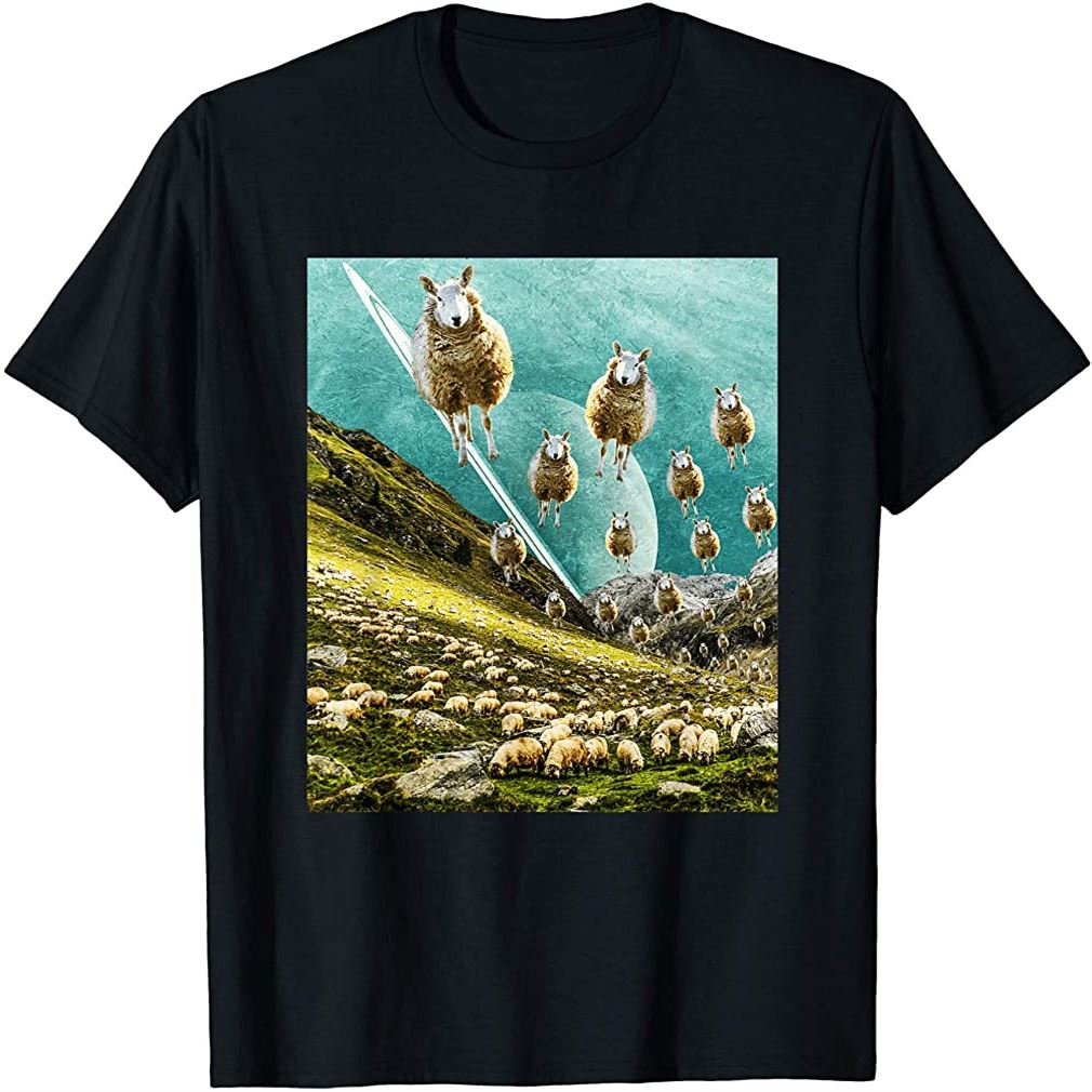 The Flying Sheep Surreal Art - Collage Artwork Funny Sheep T-shirt Size Up To 5xl