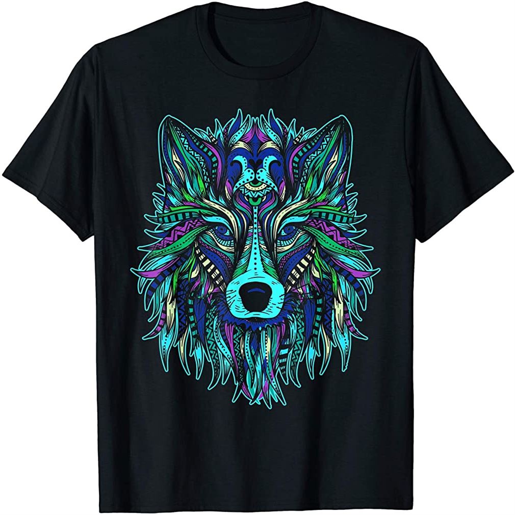 Colorful Wolf Head Tee Trendy Tribal Art T-shirt Size Up To 5xl ...