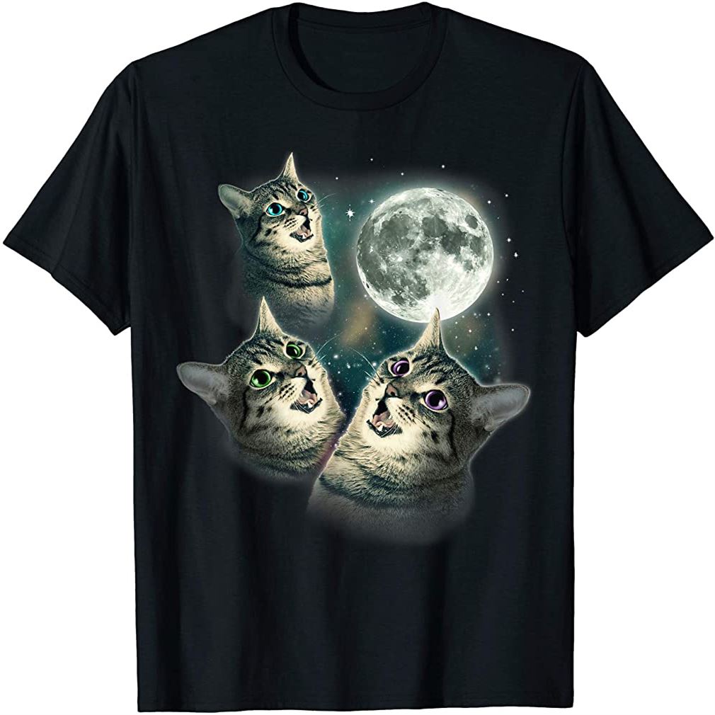 Funny Cat Shirt Three Cat Moon 3 Wolfs Cute Kitten Graphic T-shirt Size ...