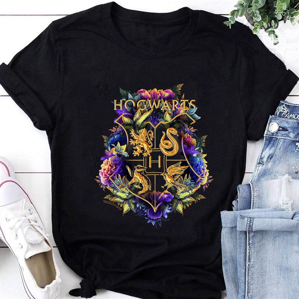 Harry Potter Hogwarts Multi Colored Floral Crest Trending Unisex Hoodies Sweatshirt Long Sleeve V Neck Kid T Shirt