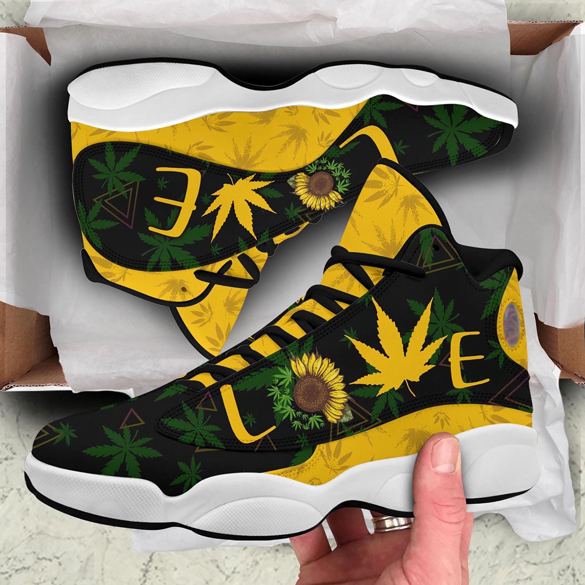 Cannabis Weed Sunflower Love Air Jordan 13 Sneakers Shoes For Men And Women Air Jd13 Shoes Cannabis Psychedelic Marijuana Lover