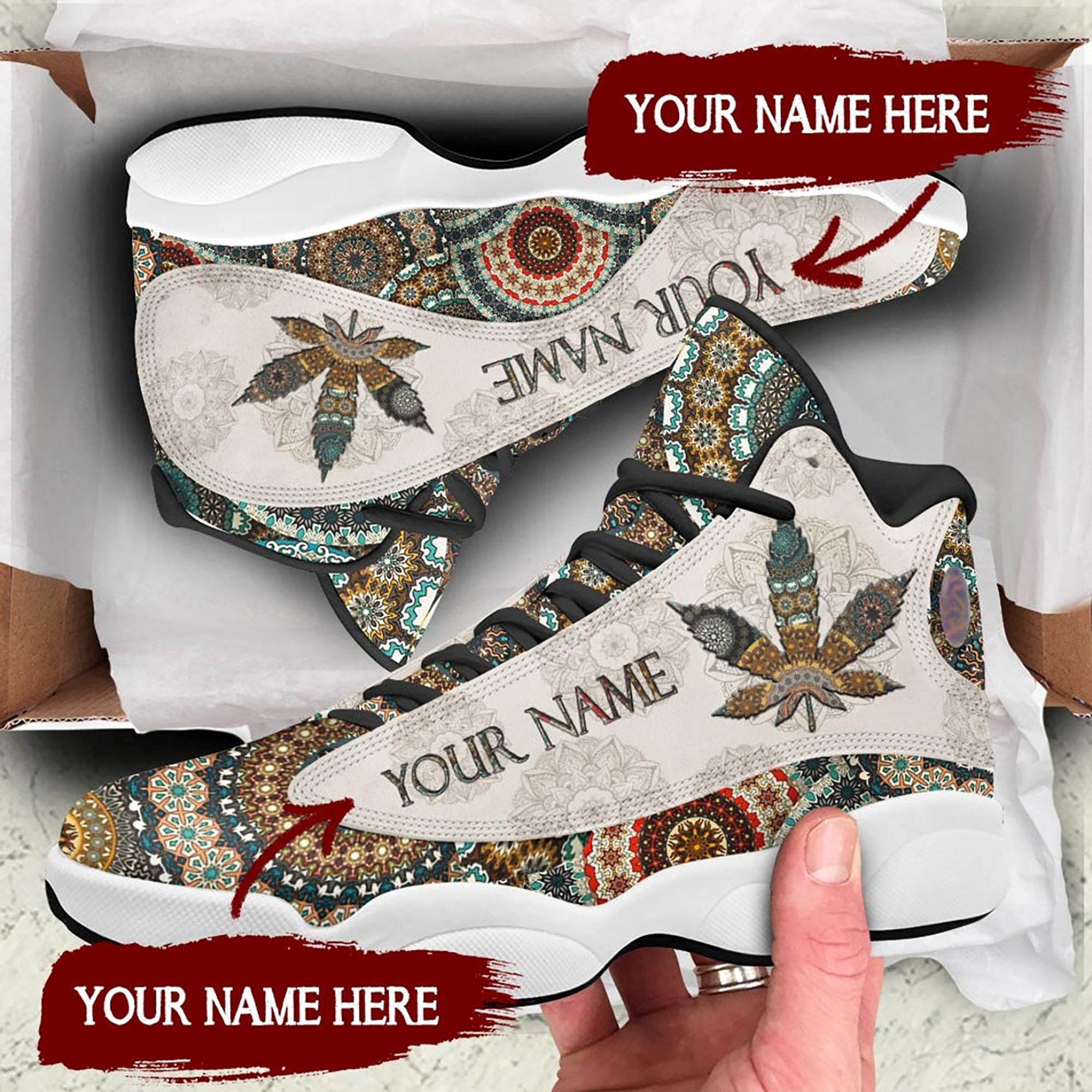 Mandala Weed Custom Name Air Jordan 13 Sneakers Shoes For Men And Women Air Jd13 Shoes Mandala Shoes Weed Shoes