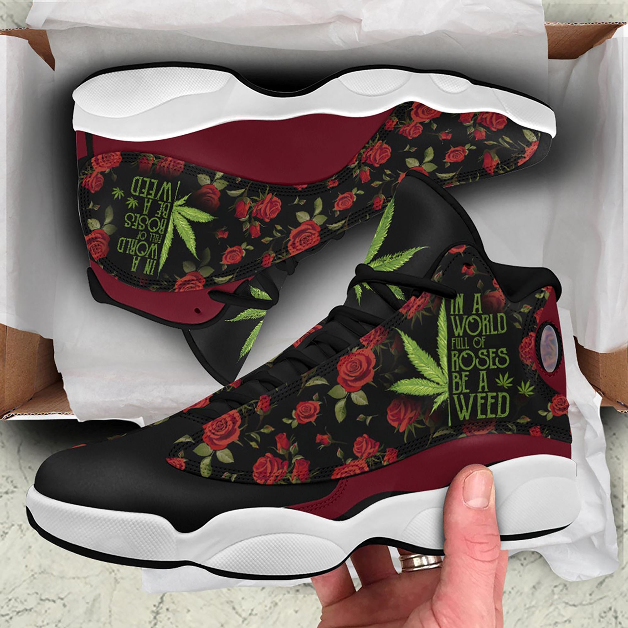 Rose Weed Air Jordan 13 Sneakers Shoes For Men And Women Air Jd13 Shoes Cannabis Psychedelic Marijuana Lover