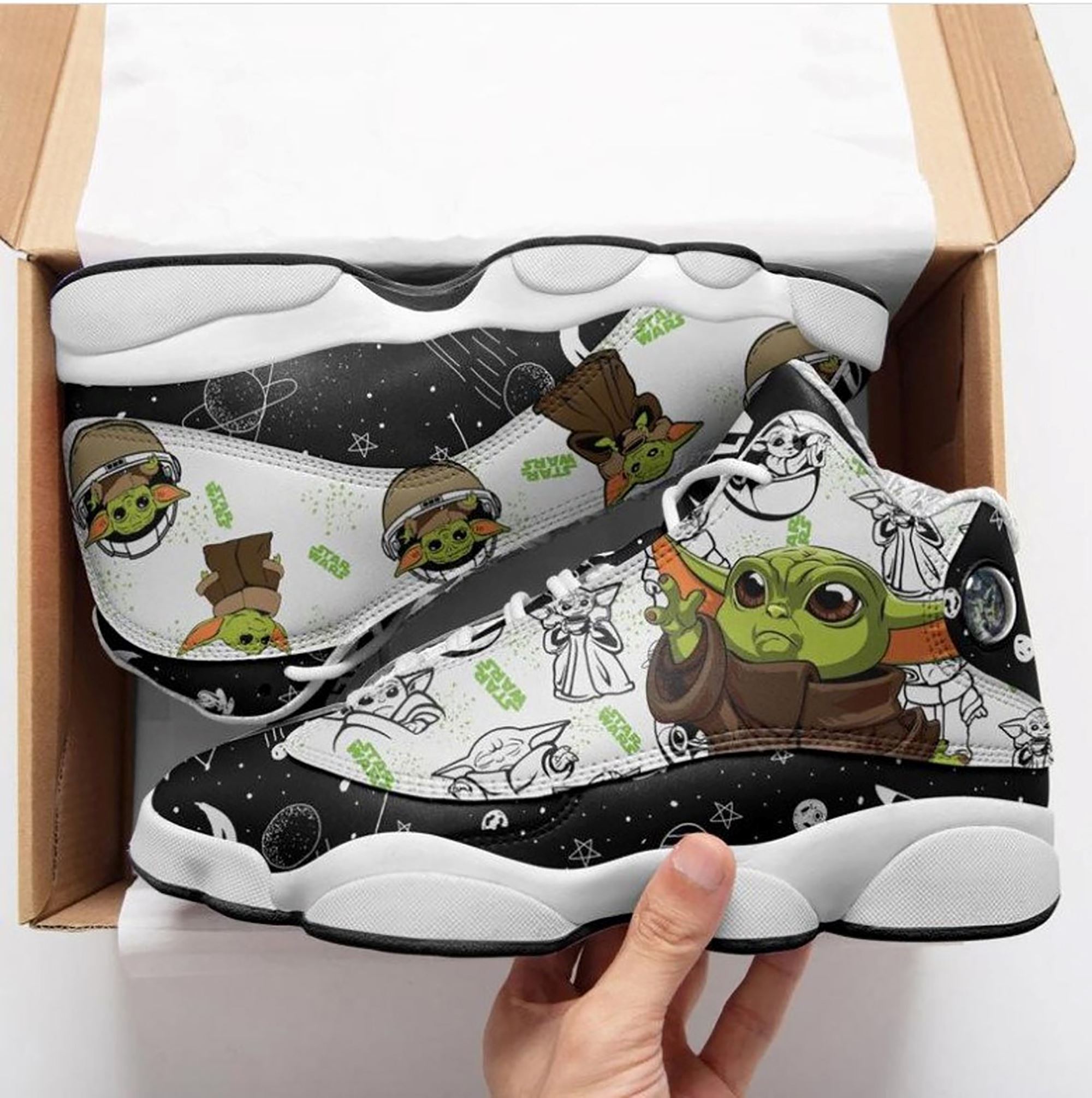 Star Wars Baby Yoda Leather Shoes Baby Yoda Air Jordan 13 Shoes Cartoon Characters Shoes Gift For Baby Yoda Lover Gift For Woman