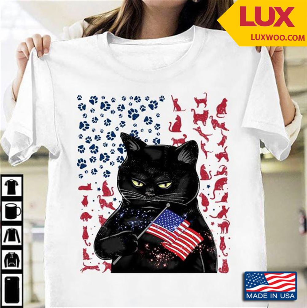 Black Cat With American Flag Happy Independence Day Tshirt Size Up To 5xl