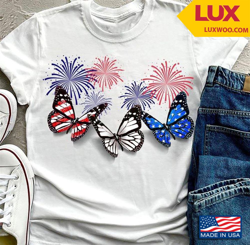 Three Butterflies And Fireworks 4th July Independence Day Shirt Plus Size Up To 5xl