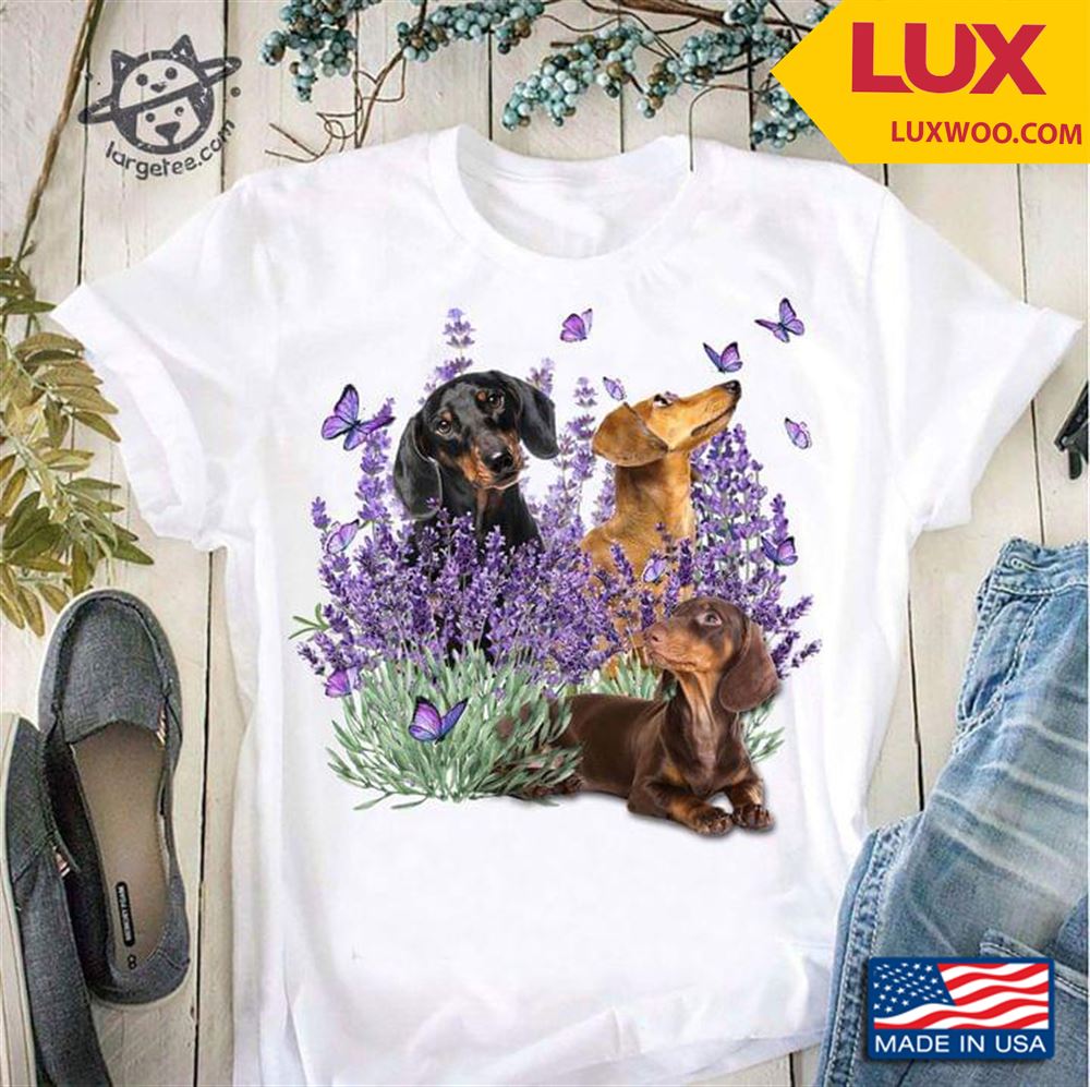 Three Dachshunds Butterflies And Lavender Tshirt Size Up To 5xl