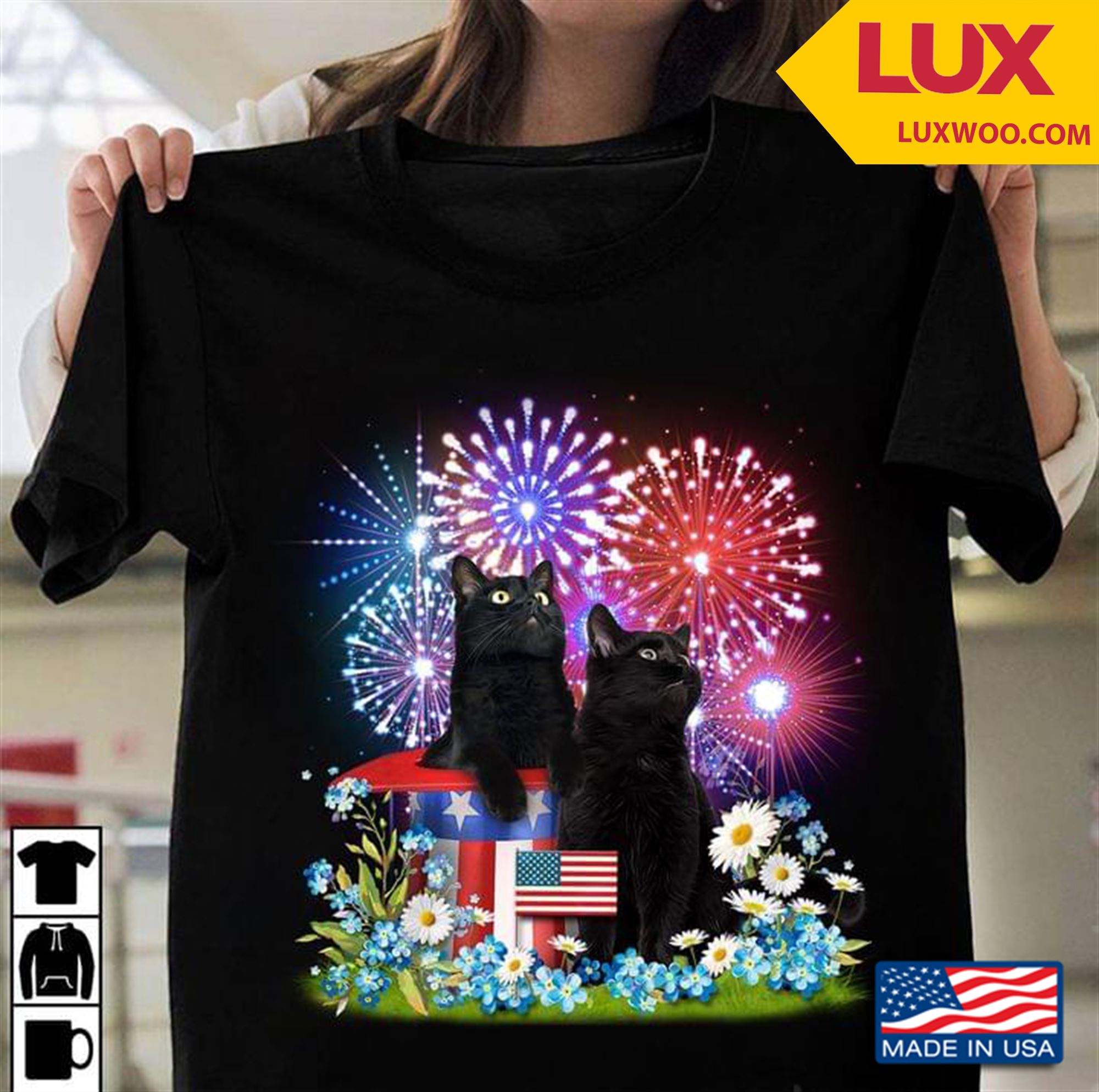 Black Cats And Fireworks 4th Of July Happy Independence Day Shirt Plus Size Up To 5xl