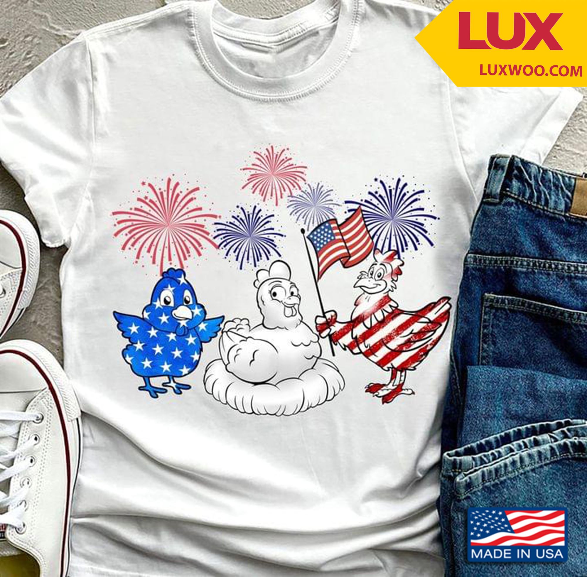Chick Chicken And Rooster Fireworks Happy Independence Day Tshirt Plus Size Up To 5xl