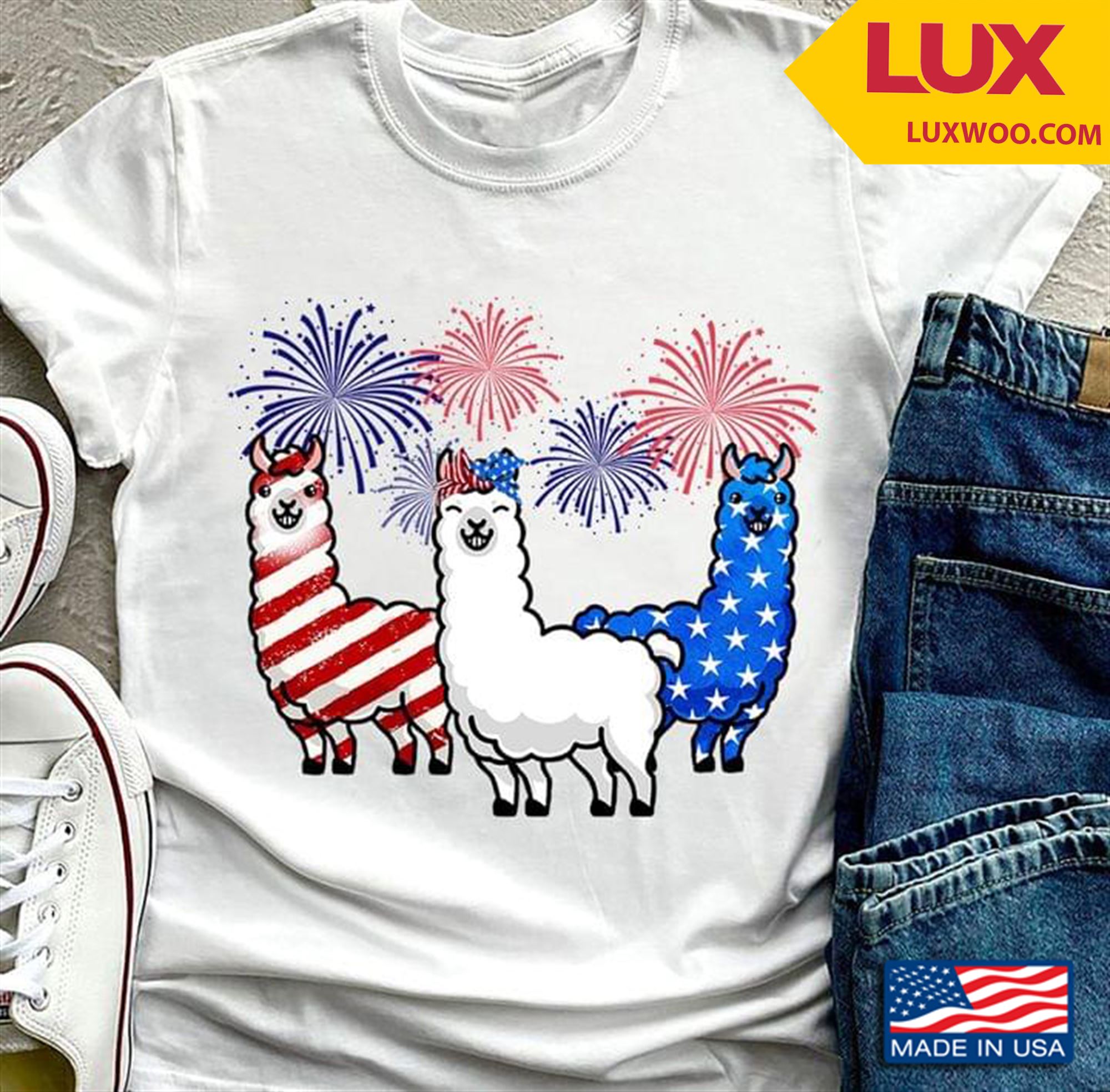 Three Llamas And Fireworks Happy Independence Day Tshirt Plus Size Up To 5xl