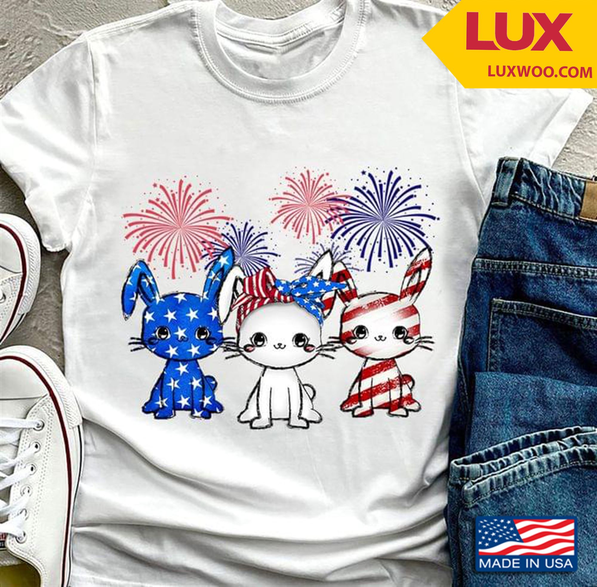 Three Rabbits And Fireworks Happy Independence Day Tshirt Plus Size Up To 5xl