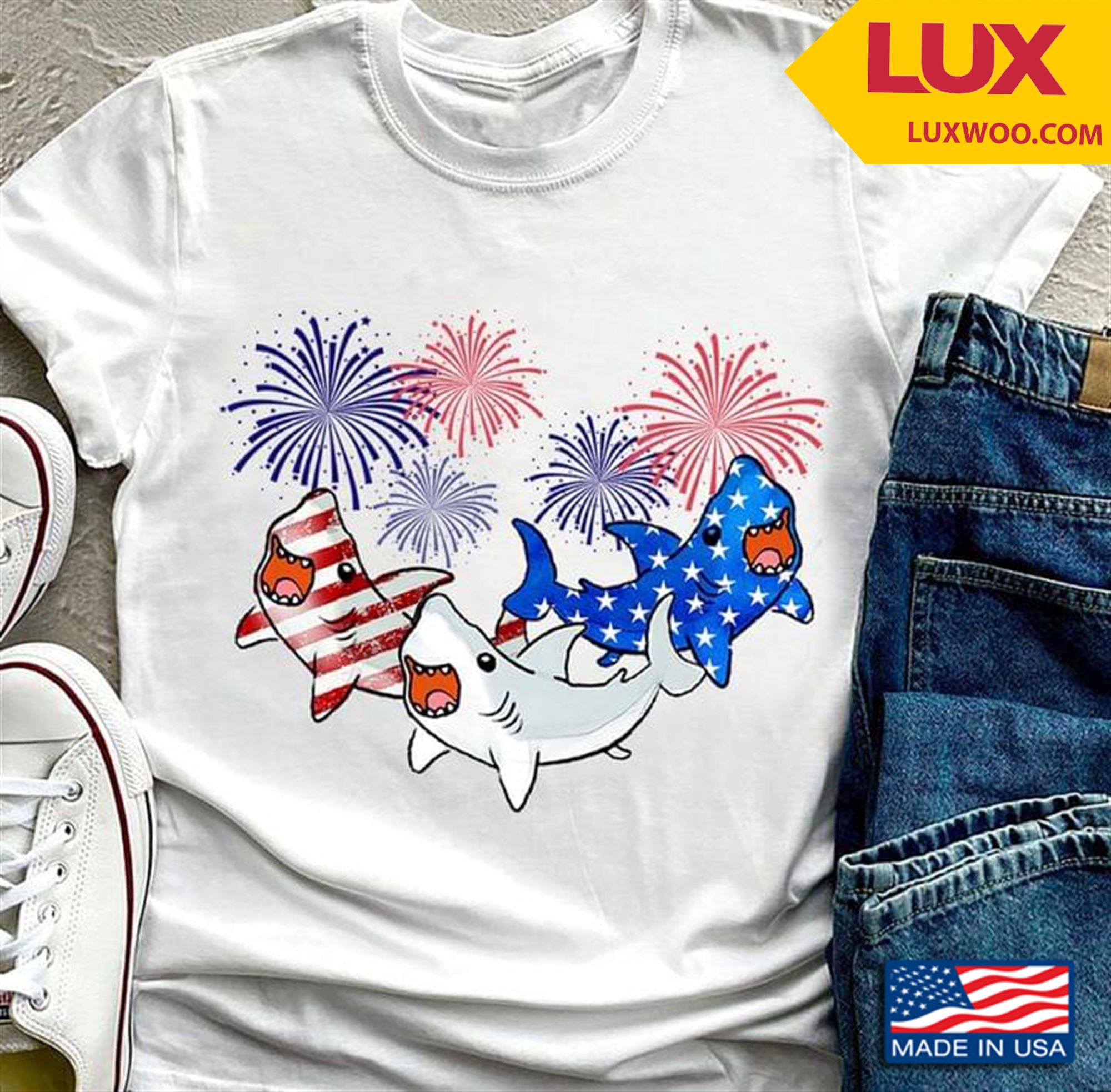 Three Sharks And Fireworks Happy Independence Day Tshirt Plus Size Up To 5xl