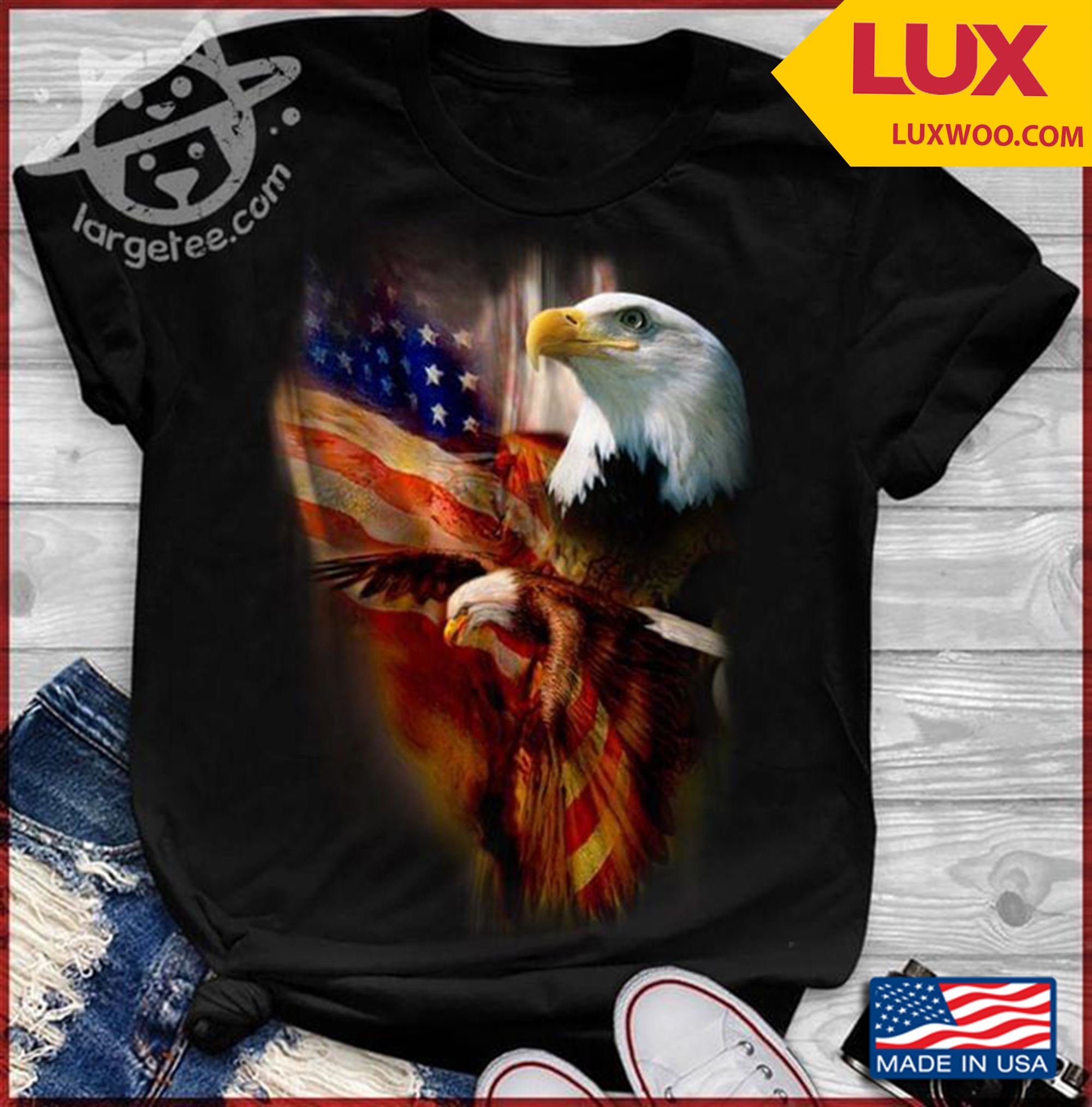 Two Eagles And American Flag Tshirt Size Up To 5xl
