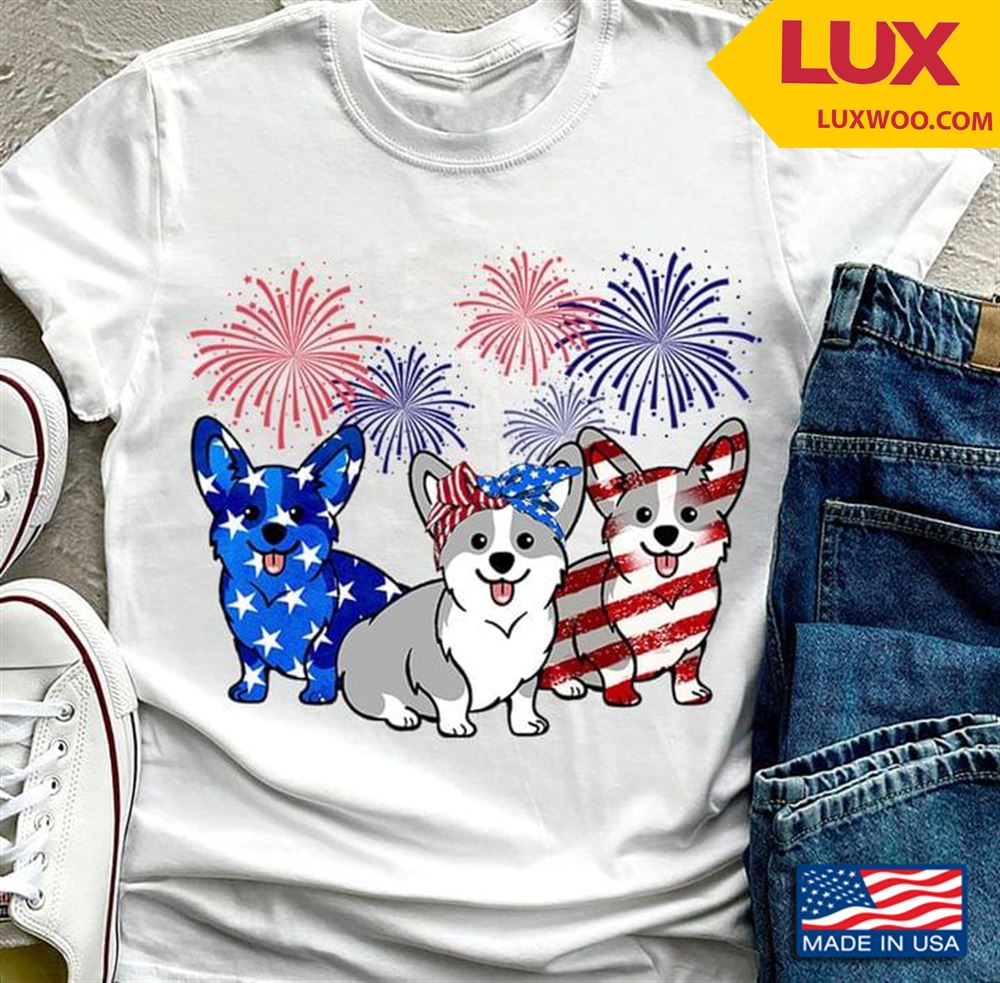 Three Corgis And Fireworks Happy Independence Day Shirt Size Up To 5xl