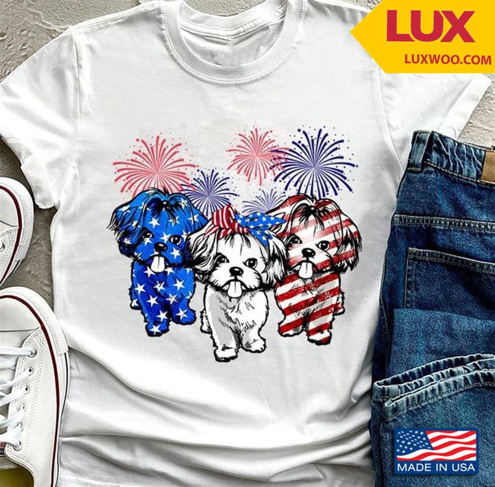 Three Shih Tzus And Fireworks Happy Independence Day Tshirt Size Up To 5xl