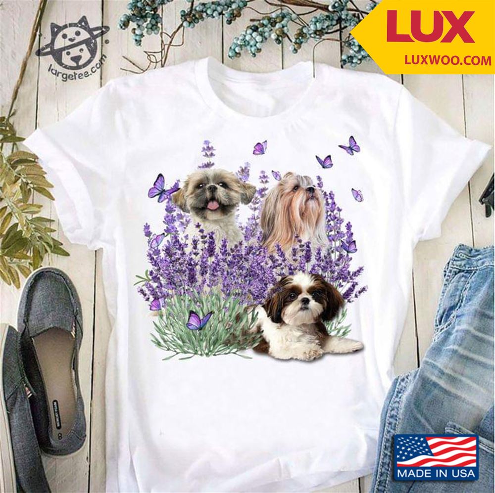 Three Shih Tzus Butterflies And Lavender Tshirt Size Up To 5xl
