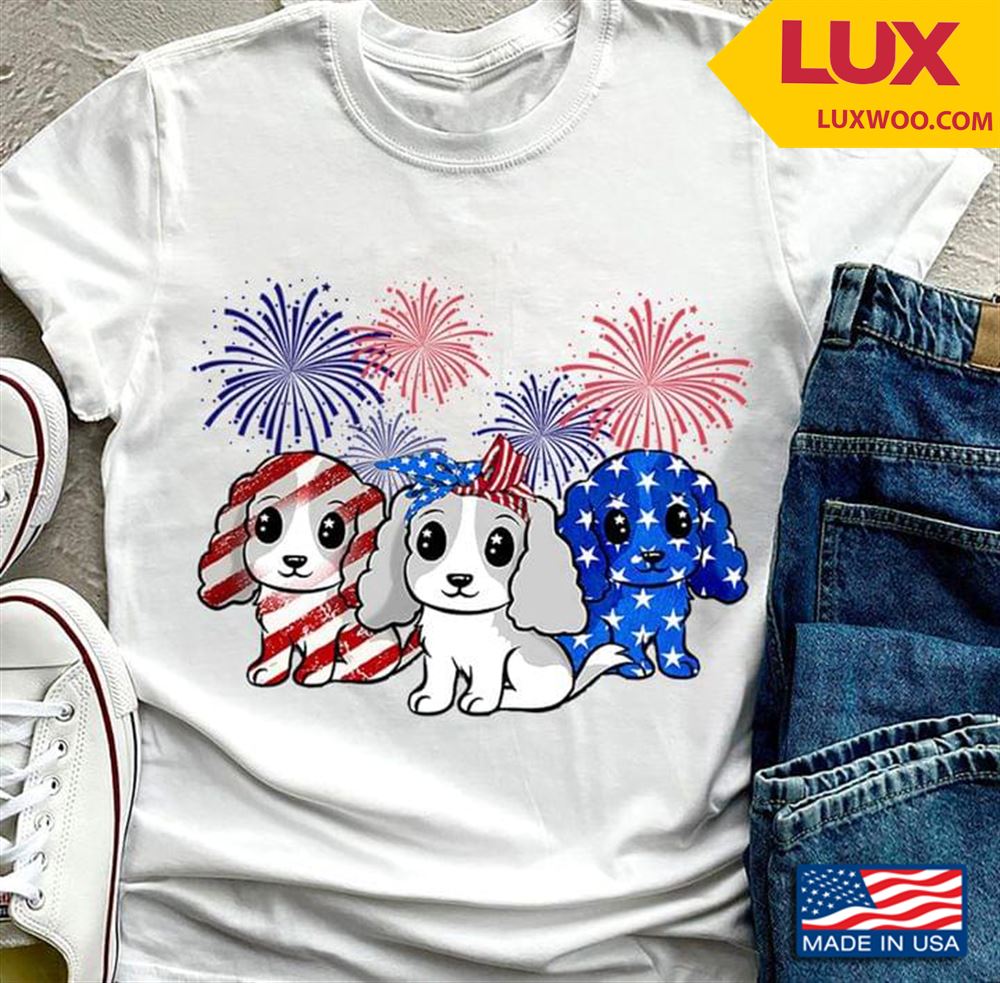 Three Spaniels And Fireworks Happy Independence Day Tshirt Size Up To 5xl