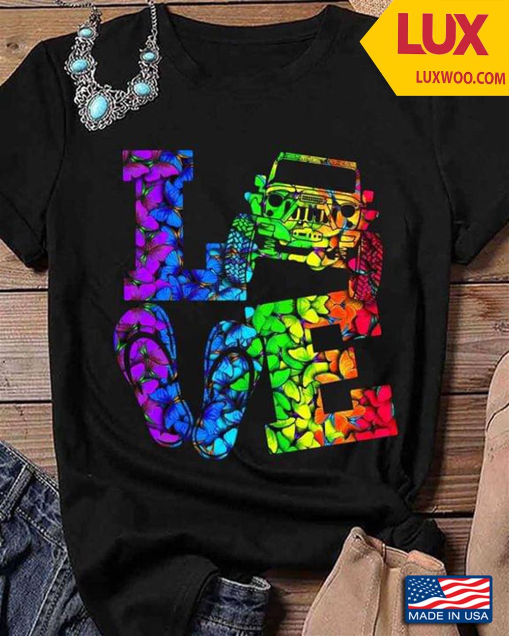 Colorful Love Jeep Butterflies Tshirt Size Up To 5xl