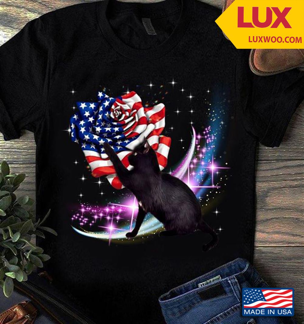 Black Cat And Rose American Flag Tshirt Size Up To 5xl