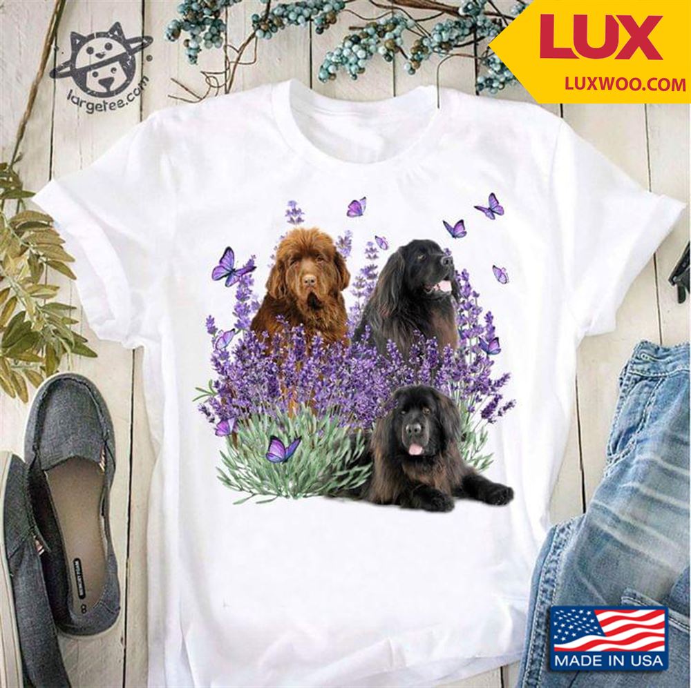 Three Newfoundland Dogs Butterflies And Lavender Tshirt Size Up To 5xl