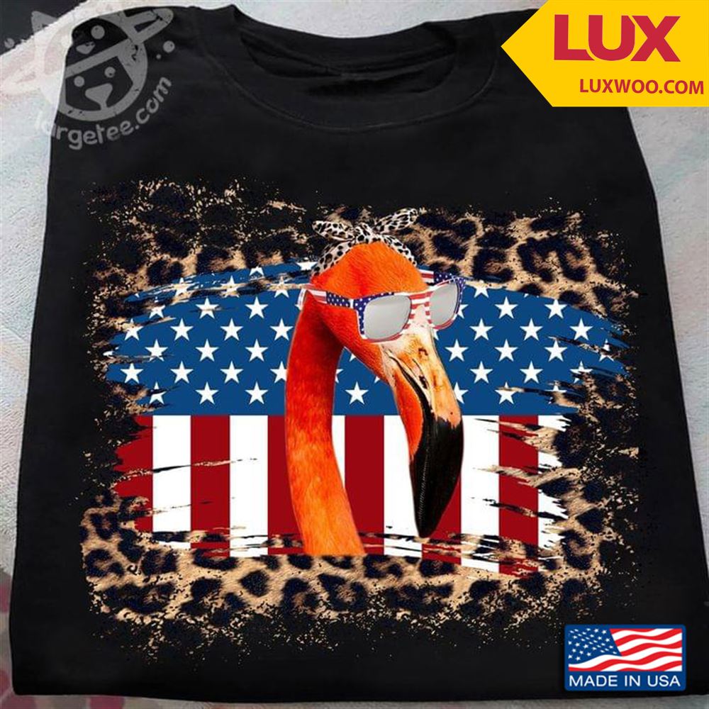 Girly Flamingo With Glasses Leopard Patriotic American Usa Flag Tshirt Size Up To 5xl