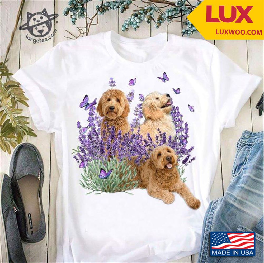 Three Goldendoodle Dogs Butterflies And Lavender For Dog Lover Tshirt Size Up To 5xl