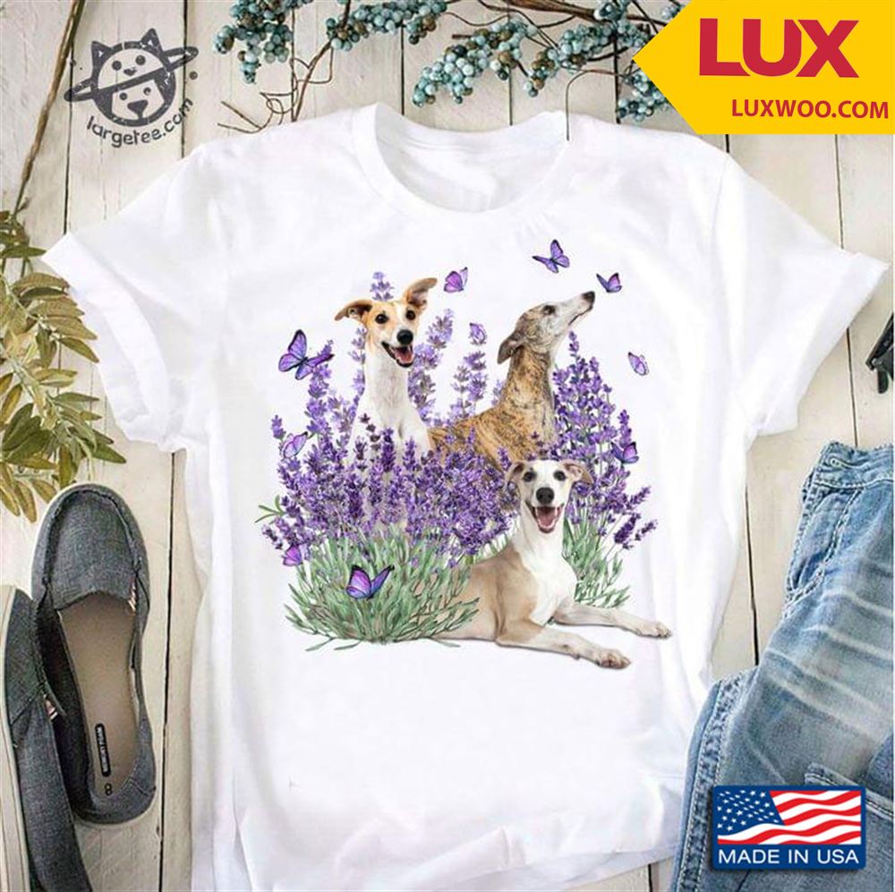 Three Purebred Whippet Dogs Butterflies And Lavender For Dog Lover Tshirt Size Up To 5xl