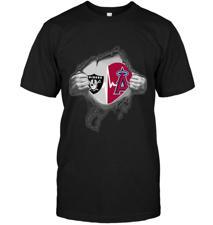 MLB Los Angeles Angels Oakland Las Vergas Raiders Los Angeles Angels Love Heartbeat Ripped Shirt Tshirt For Fan