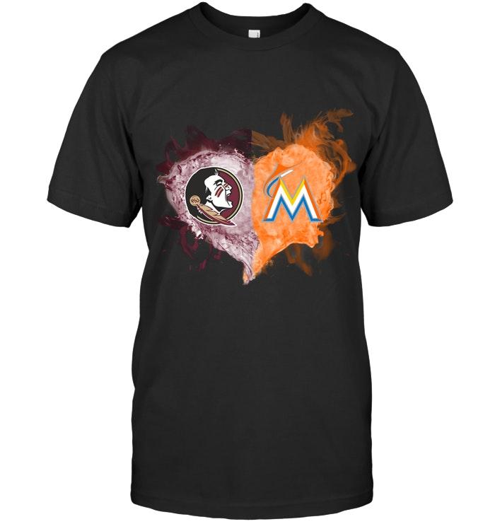 Mlb Miami Marlins Florida State Seminoles And Miami Marlins Flaming Heart Fan T Shirt