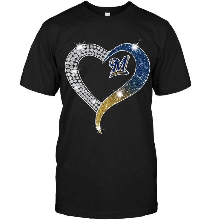 Mlb Milwaukee Brewers Glitter Diamond Heart Shirt Black Sweater