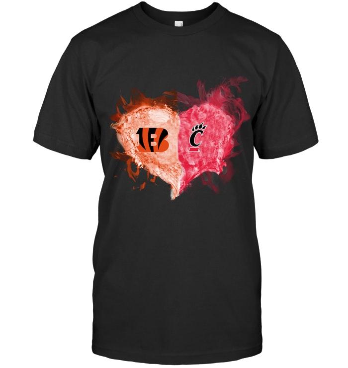 Nfl Cincinnati Bengals And Cincinnati Bearcats Flaming Heart Fan T Shirt Hoodie Plus Size Up To 5xl
