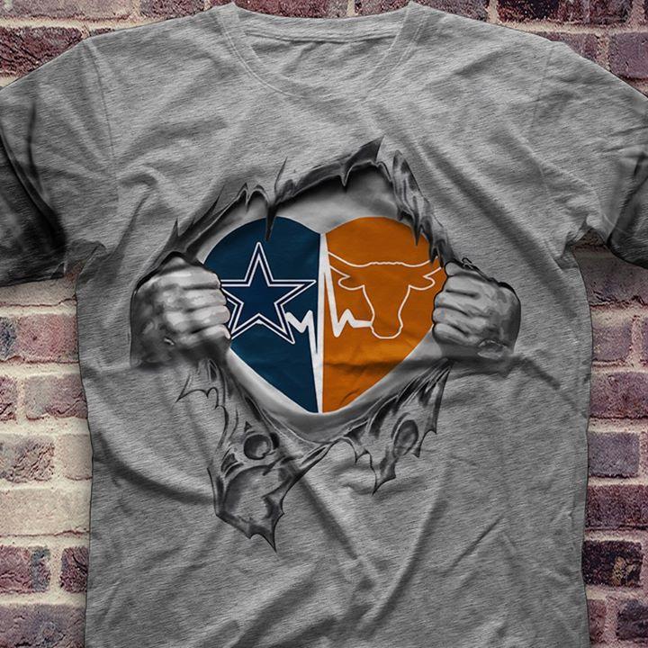 Nfl Dallas Cowboys Texas Longhorns Heartbeat Love Ripped T Shirt Long Sleeve Size Up To 5xl