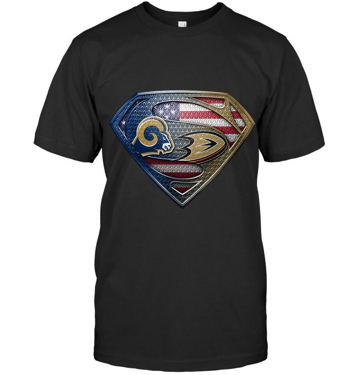 NFL Los Angeles Rams And Anaheim Ducks Superman American Flag Layer Shirt White Sweater Shirt Size S-5xl