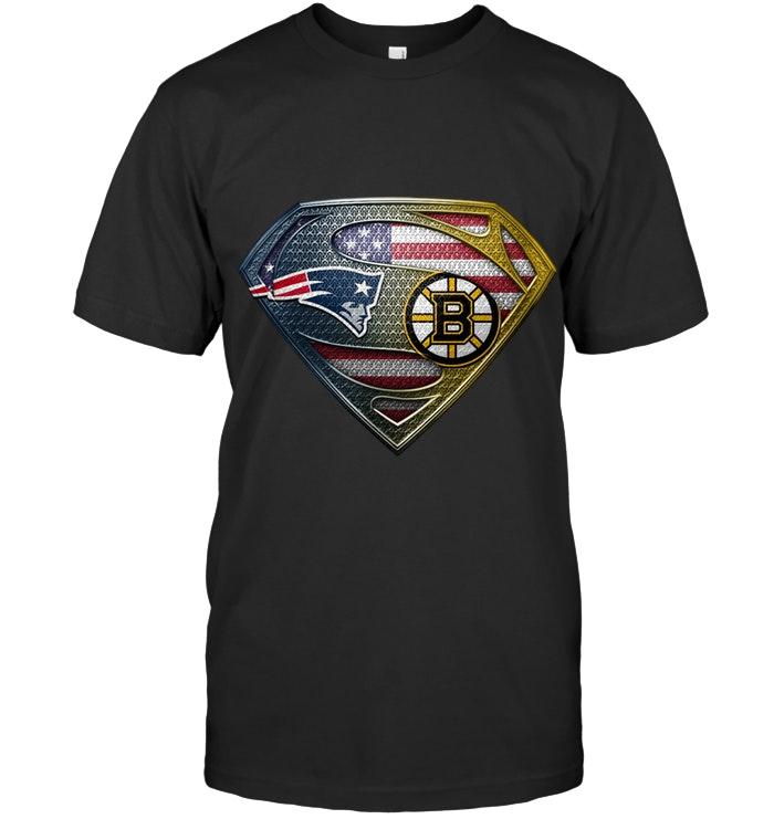 Nfl New England Patriots And Boston Bruins Superman American Flag Layer Shirt Black Hoodie Size Up To 5xl
