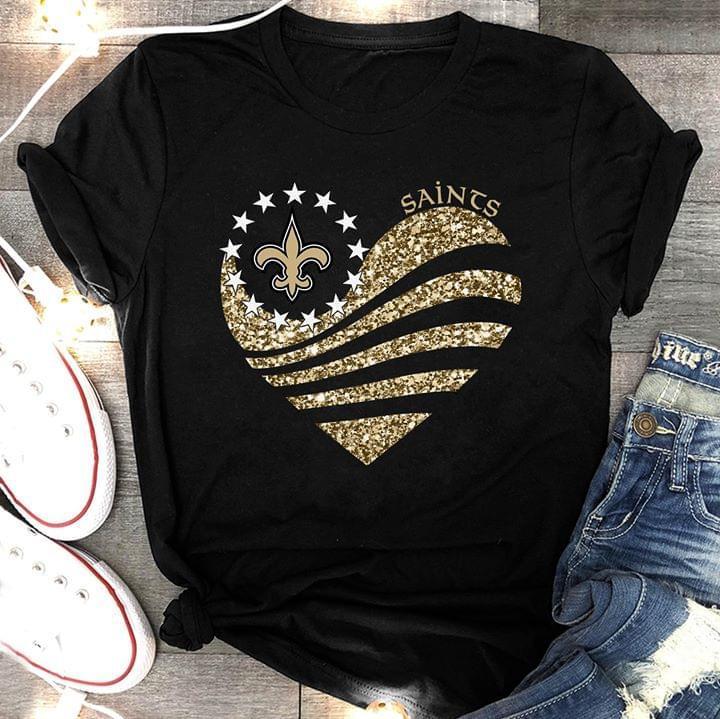 Nfl New Orleans Saints Gold Glitter Heart Shaped T Shirt Black Shirt Plus Size Up To 5xl