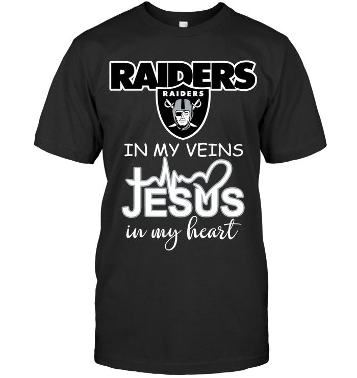 NFL Oakland Las Vergas Raiders In My Veins Jesus In My Heart Shirt Black Shirt Gift For Fan