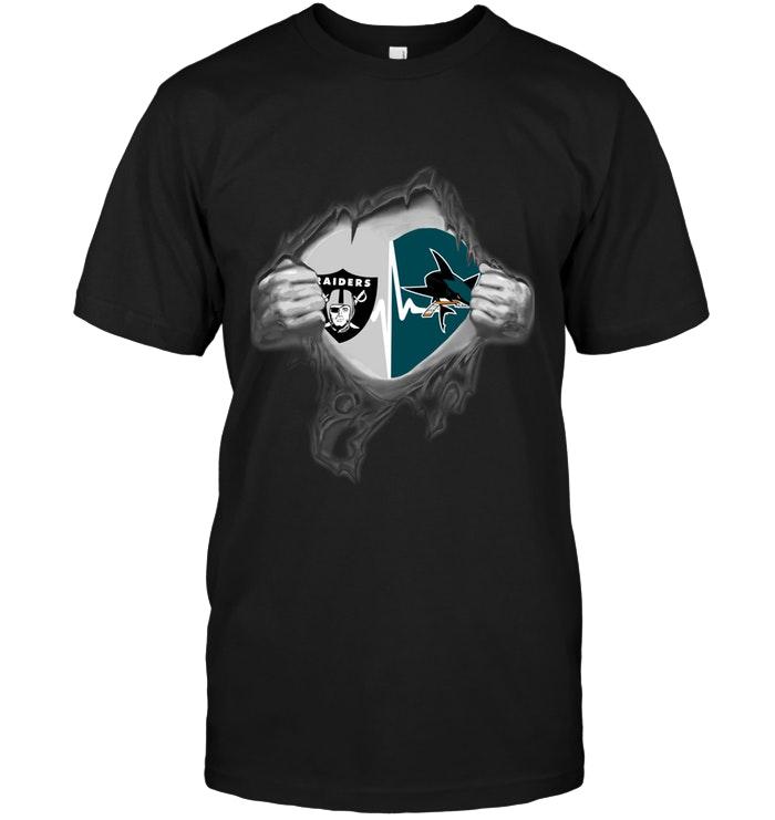 NFL Oakland Las Vergas Raiders San Jose Sharks Love Heartbeat Ripped Shirt Black Shirt Tshirt For Fan