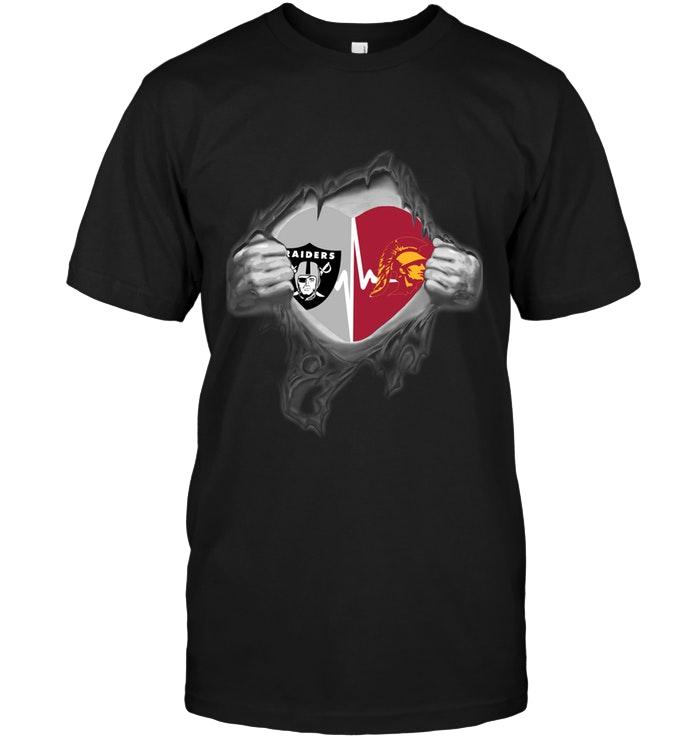 NFL Oakland Las Vergas Raiders Usc Trojans Love Heartbeat Ripped Shirt Black Tank Top Shirt Gift For Fan