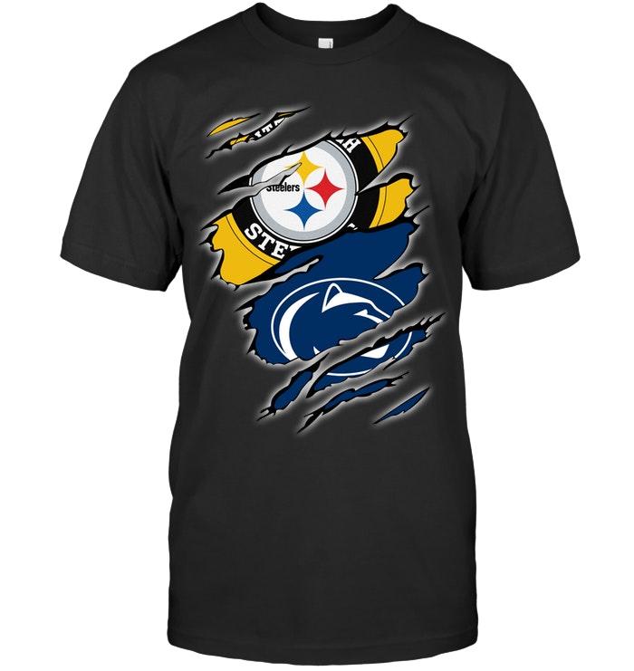 Nfl Pittsburgh Steelers And Penn State Nittany Lions Layer Under Ripped Shirt Black Tshirt Size Up To 5xl