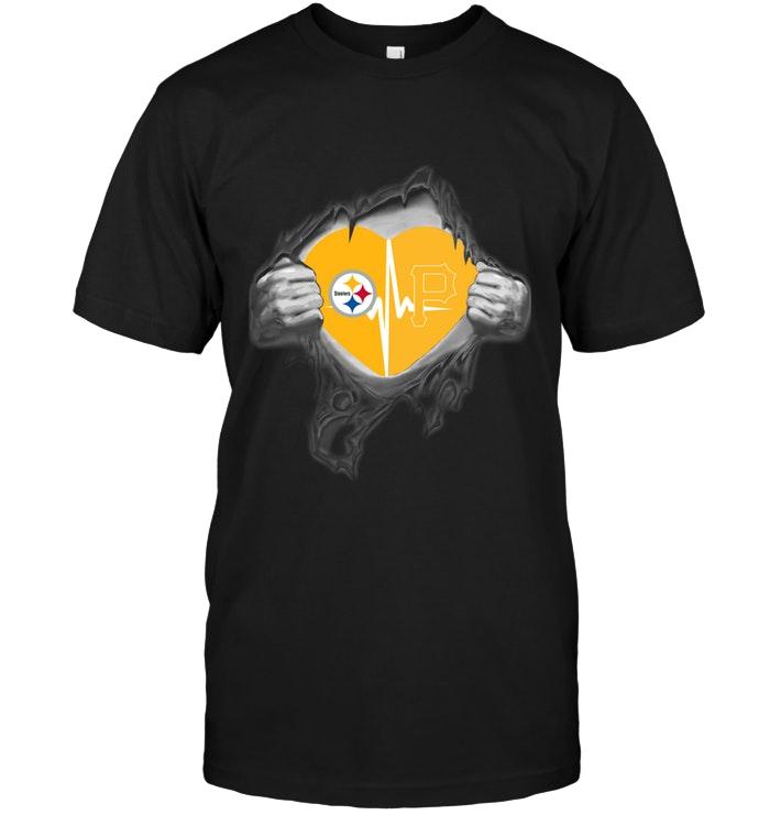 NFL Pittsburgh Steelers Pittsburgh Pirates Love Heartbeat Ripped Shirt White Long Sleeve Shirt Tshirt For Fan
