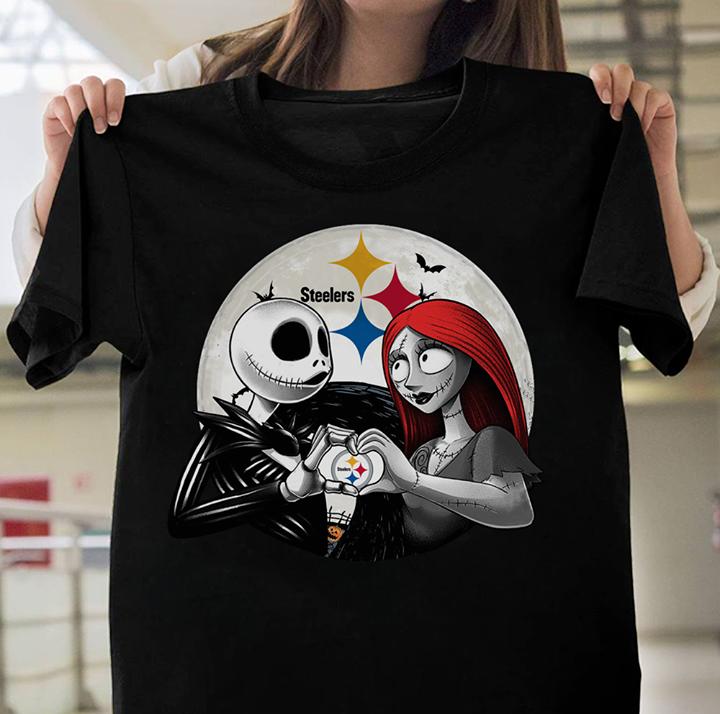 NFL Pittsburgh Steelers Sally And Jack Skellington Love Halloween Shirt Black Tank Top Shirt Tshirt For Fan