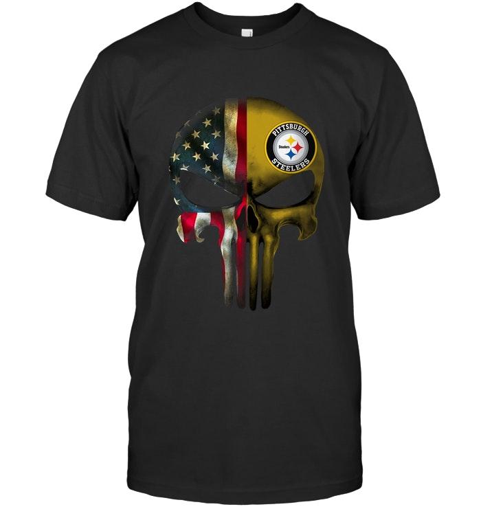 NFL Pittsburgh Steelers Skull American Flag Shirt Black Long Sleeve Shirt Gift For Fan